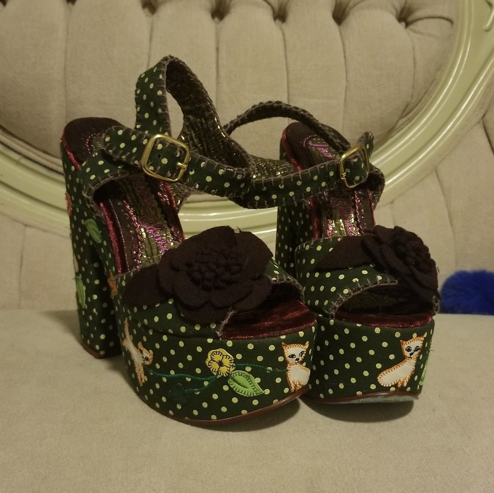 Irregular Choice Green Polka Dot Floral Platform Sandals - Picture 2 of 15